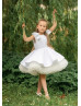 White Satin Tulle Ruffled Flower Girl Dress With Bows
